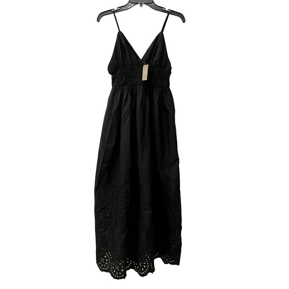 New J. Crew Size 2 V-neck smocked-waist dress in cotton poplin Black *Stain*